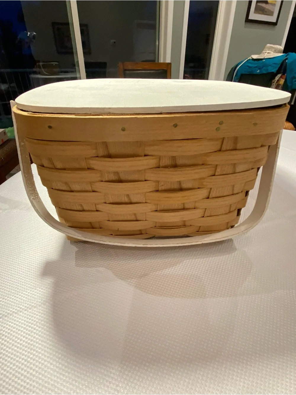 Woven Straw picnic basket w/White Handles red checkered lining